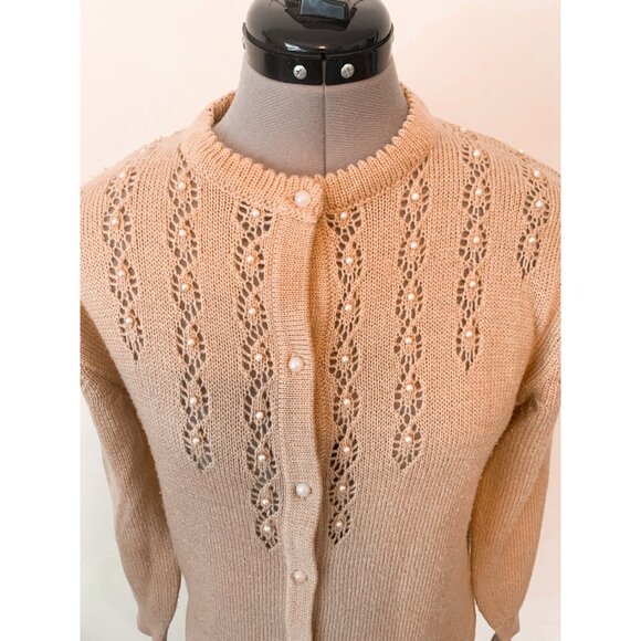 Vintage 80s Carmel Brown Beaded Knit Cardigan Sweater Size Medium - Picture 2 of 10